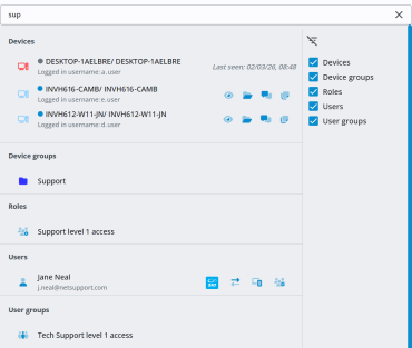 Search panel showing results for “sup”, with devices, device groups, roles, users, and user groups listed, and filter options displayed on the right.